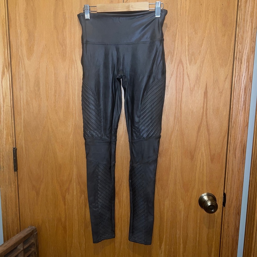 Spanx Moto Leggings Women Small Black Excellent Faux Leather Coated Ribbed
